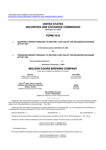 Thumbnail Molson Coors 10-Q Quarterly Report FY 