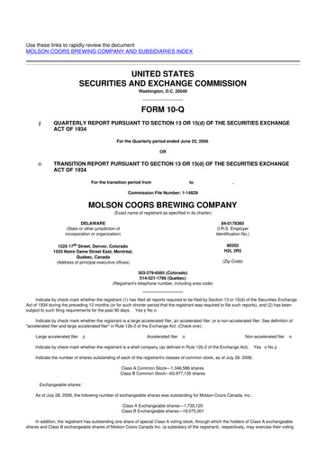 Thumbnail Molson Coors 10-Q Quarterly Report FY 