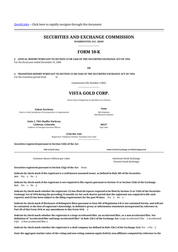 Thumbnail Vista Gold
 10-K Annual Report 