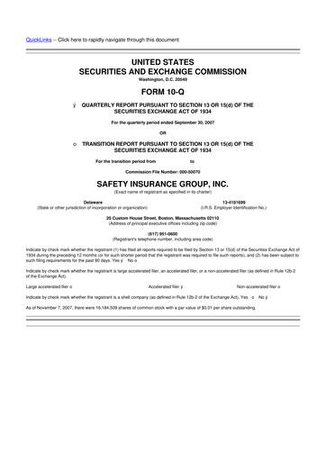 Thumbnail Safety Insurance
 10-Q Quarterly Report FY 