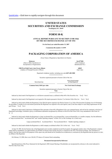 Thumbnail Packaging Corporation of America
 10-K Annual Report 