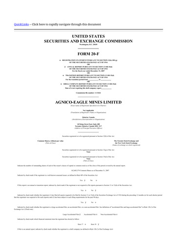 Thumbnail Agnico Eagle Mines 20-F Annual Report 