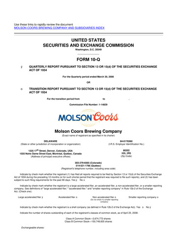 Thumbnail Molson Coors 10-Q Quarterly Report FY 