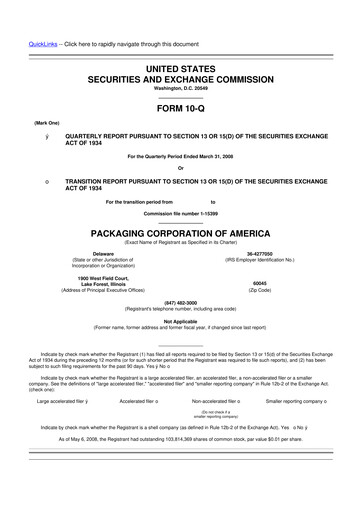 Thumbnail Packaging Corporation of America
 10-Q Quarterly Report FY 