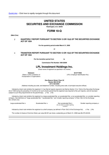 Thumbnail LPL Financial
 10-Q Quarterly Report FY 