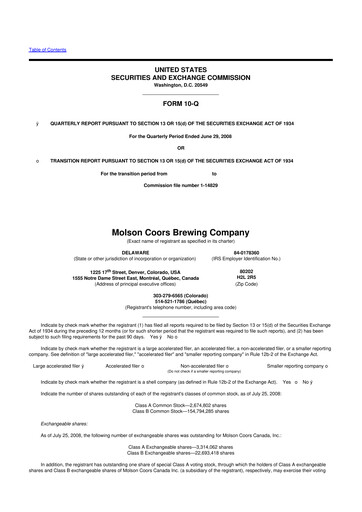 Thumbnail Molson Coors 10-Q Quarterly Report FY 