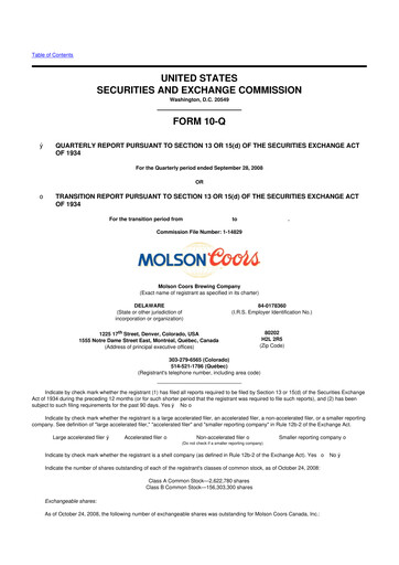 Thumbnail Molson Coors 10-Q Quarterly Report FY 