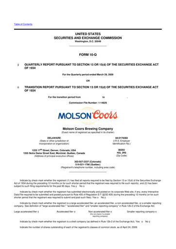 Thumbnail Molson Coors 10-Q Quarterly Report FY 
