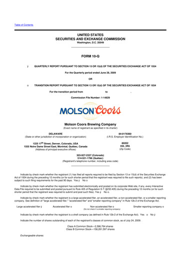 Thumbnail Molson Coors 10-Q Quarterly Report FY 
