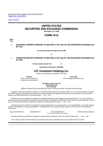 Thumbnail LPL Financial
 10-Q Quarterly Report FY 