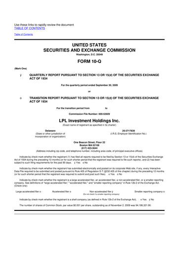 Thumbnail LPL Financial
 10-Q Quarterly Report FY 