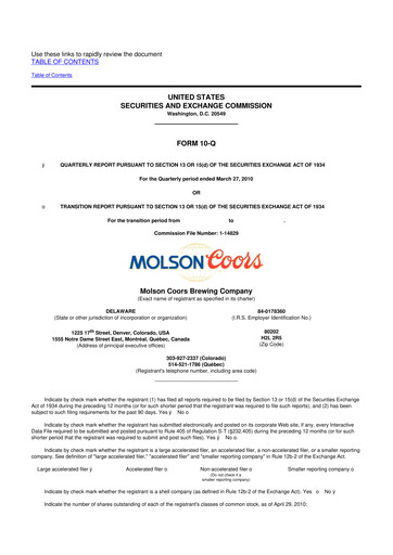 Thumbnail Molson Coors 10-Q Quarterly Report FY2010 