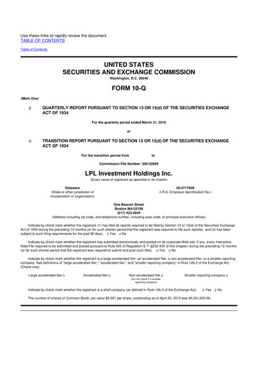 Thumbnail LPL Financial
 10-Q Quarterly Report FY 