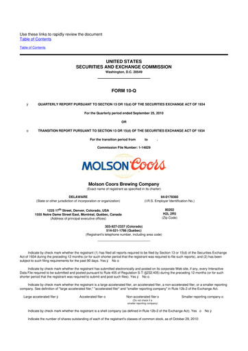 Thumbnail Molson Coors 10-Q Quarterly Report FY2010 