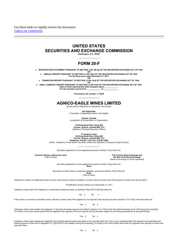 Thumbnail Agnico Eagle Mines 20-F Annual Report 2011