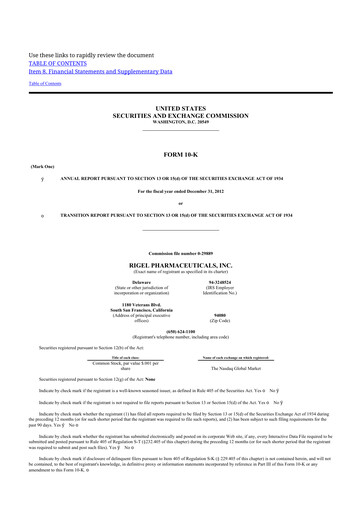 Thumbnail Rigel Pharmaceuticals 10-K Annual Report 2012