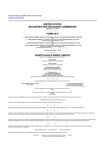 Thumbnail Agnico Eagle Mines 20-F Annual Report 2012