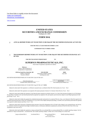 Thumbnail Supernus Pharmaceuticals
 10-K Annual Report 2013