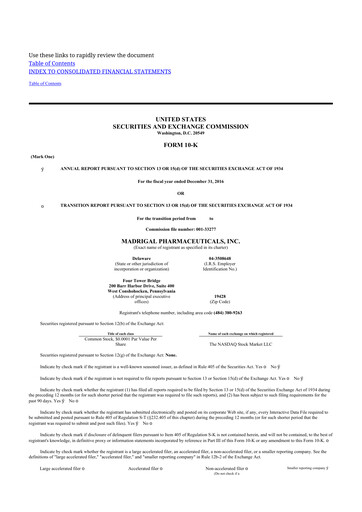 Vorschaubild Madrigal Pharmaceuticals
 10-K Jahresbericht 2016