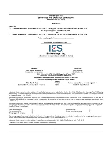 Thumbnail IES Holdings 10-Q Quarterly Report FY 