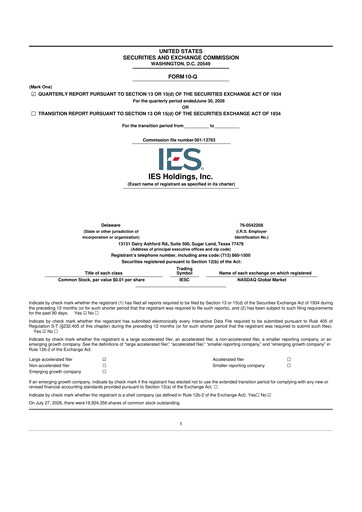 Thumbnail IES Holdings 10-Q Quarterly Report FY 