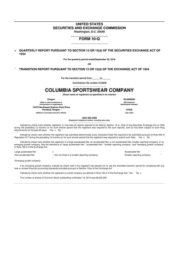 Thumbnail Columbia Sportswear
 10-Q Quarterly Report FY2018 