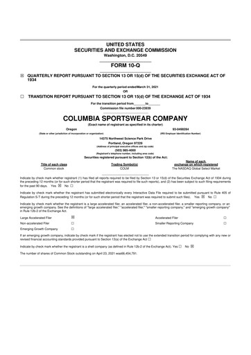 Thumbnail Columbia Sportswear
 10-Q Quarterly Report FY2021 