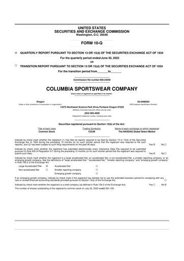 Thumbnail Columbia Sportswear
 10-Q Quarterly Report FY2022 