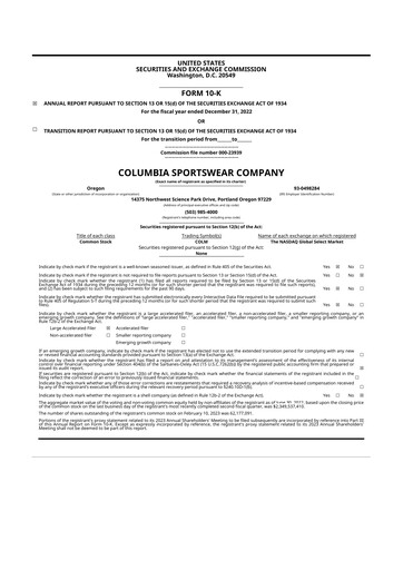 Thumbnail Columbia Sportswear
 10-K Annual Report 2022
