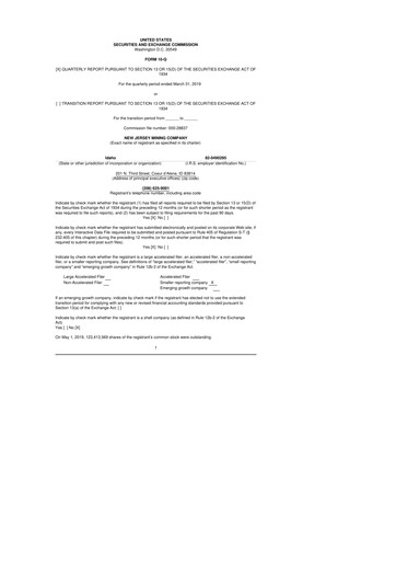Thumbnail Idaho Strategic Resources 10-Q Quarterly Report FY2019 