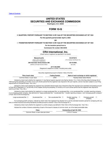 Thumbnail CRA International
 10-Q Quarterly Report FY2022 