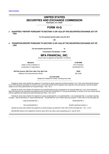 Thumbnail MFA Financial 10-Q Quarterly Report FY2013 