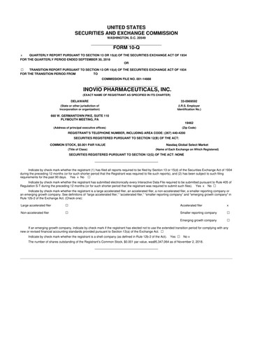 Miniature Inovio Pharmaceuticals 10-Q Rapport trimestriel 2018 