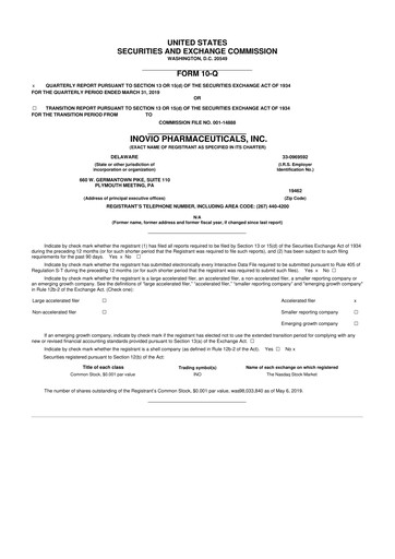 Miniature Inovio Pharmaceuticals 10-Q Rapport trimestriel 2019 
