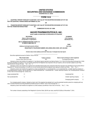 Miniature Inovio Pharmaceuticals 10-Q Rapport trimestriel 2019 