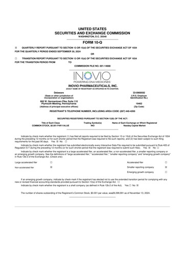 Miniature Inovio Pharmaceuticals 10-Q Rapport trimestriel 2024 