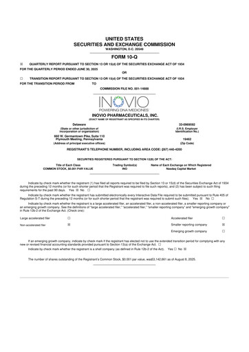 Miniature Inovio Pharmaceuticals 10-Q Rapport trimestriel 2025 