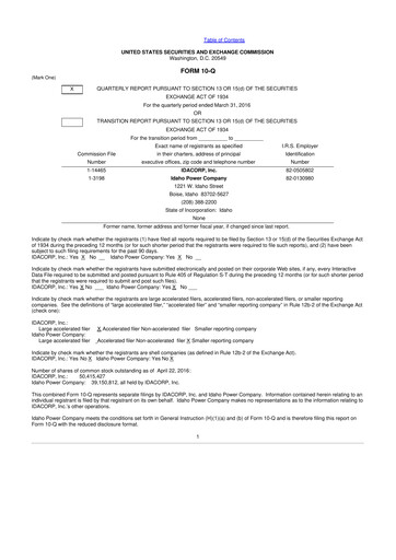 Thumbnail Idacorp 10-Q Quarterly Report FY2016 