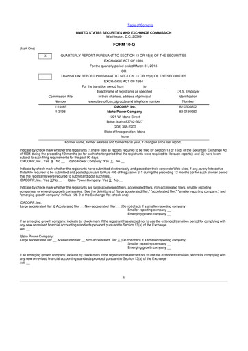 Thumbnail Idacorp 10-Q Quarterly Report FY2018 