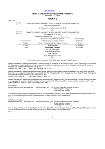 Thumbnail Idacorp 10-Q Quarterly Report FY2018 