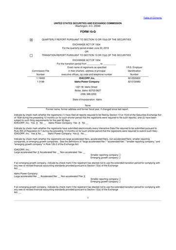 Thumbnail Idacorp 10-Q Quarterly Report FY 