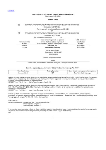 Thumbnail Idacorp 10-Q Quarterly Report FY 