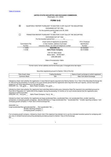 Thumbnail Idacorp 10-Q Quarterly Report FY 