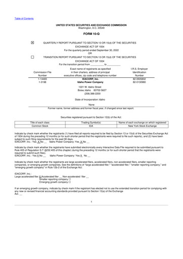 Thumbnail Idacorp 10-Q Quarterly Report FY 