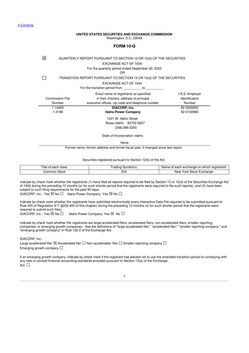 Thumbnail Idacorp 10-Q Quarterly Report FY 