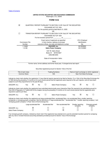 Thumbnail Idacorp 10-Q Quarterly Report FY 