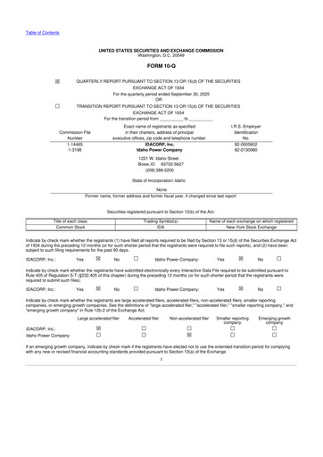 Thumbnail Idacorp 10-Q Quarterly Report FY 