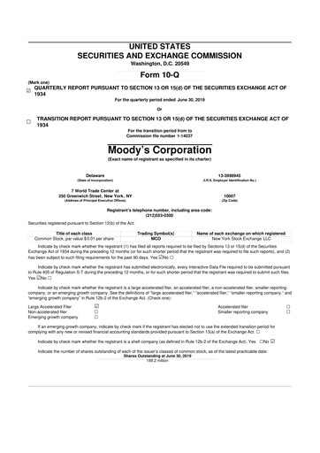 Thumbnail Moody's 10-Q Quarterly Report FY2019 