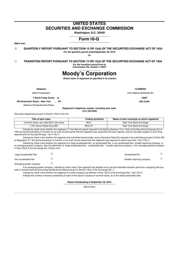 Thumbnail Moody's 10-Q Quarterly Report FY2019 