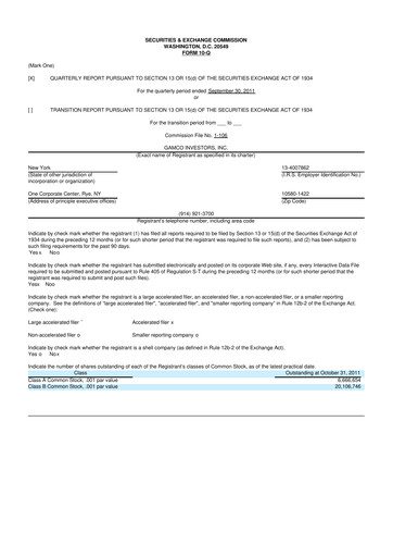 Thumbnail GAMCO Investors
 10-Q Quarterly Report FY2011 